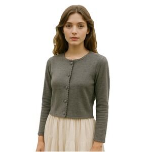 Laura Ashley Small Cardigan Gray Cotton Scalloped Trim Vintage Hong Kong